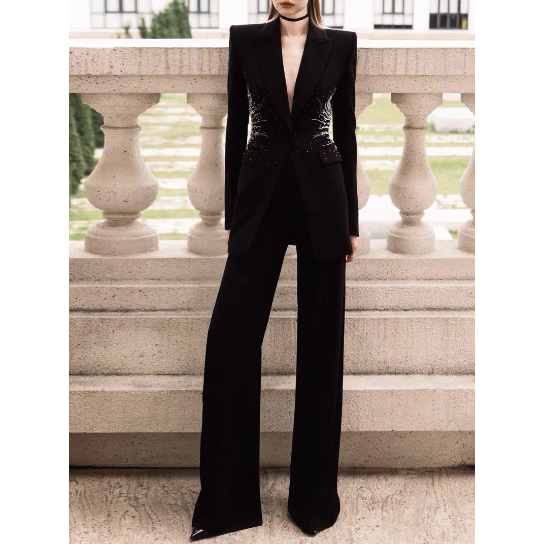 ZEROYK深圳南油原创设计师款 重工银线钉钻 收腰西服长裤套装