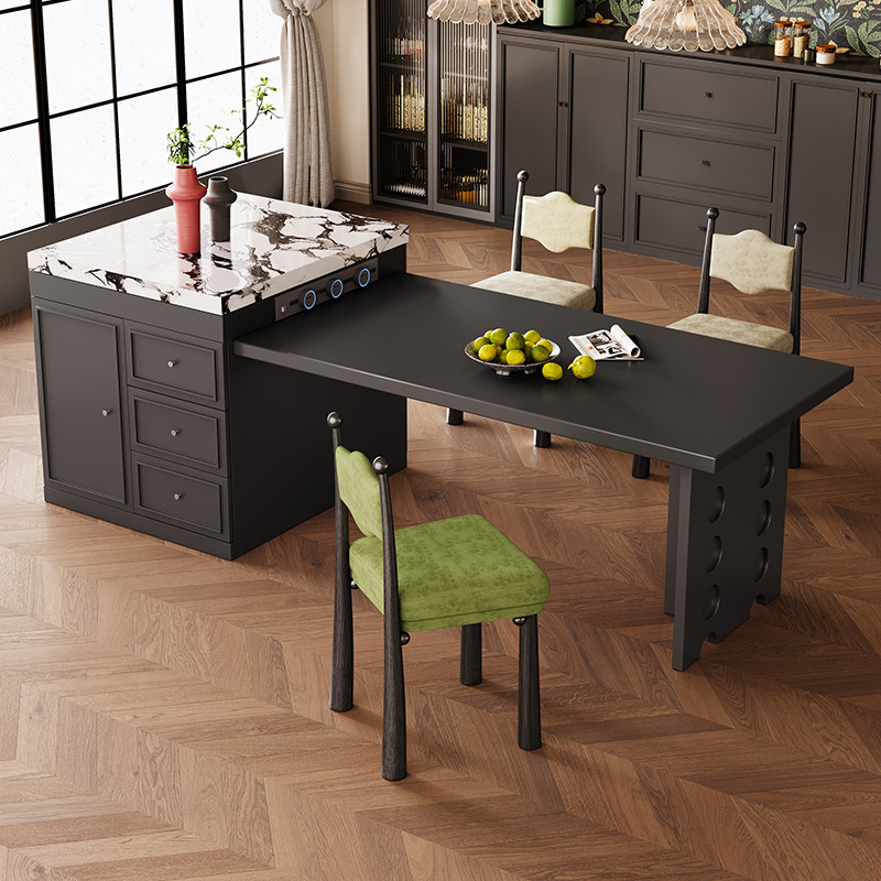 中古风岩板岛台餐桌一体小户型餐厅倒台加水槽高级感家用实木导台