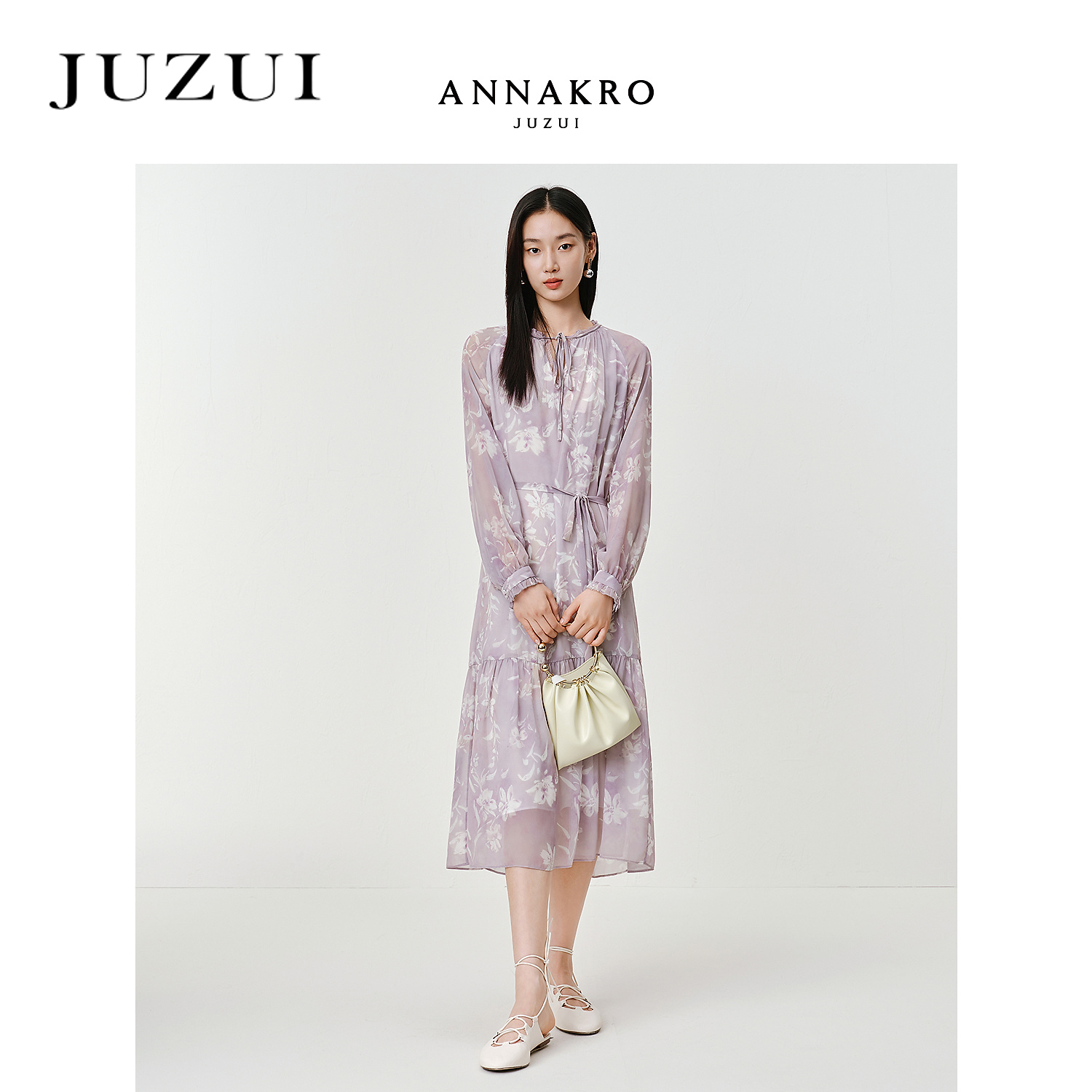 玖姿安娜蔻浪漫优雅度假风晕染收腰连衣裙女2025新款KWFQ50040