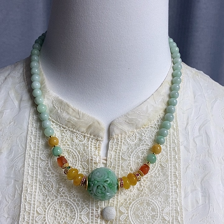 翡翠项链未镶嵌翡翠雕刻镂空转运珠23+项链