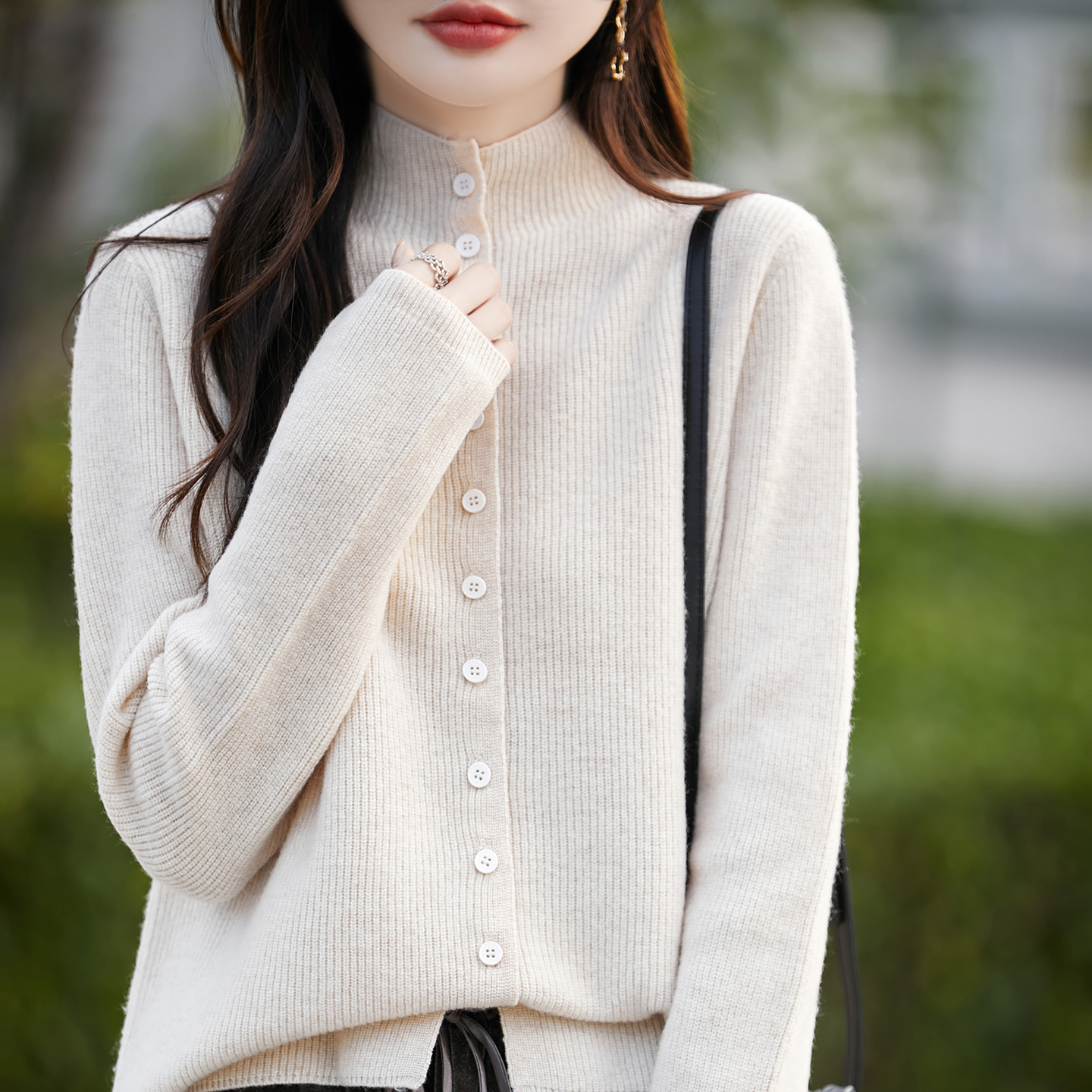 【GUZAI.JIA】抽条多扣开衫！秋冬100%羊毛女韩版针织长袖打底毛衣