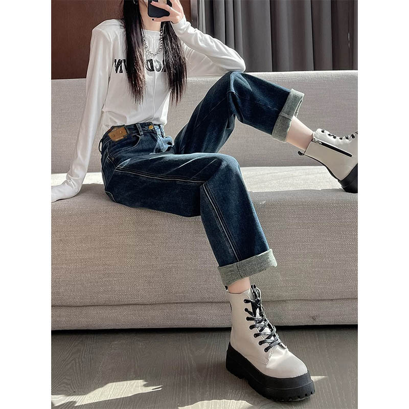 （女装）5136 秋季新款蓝色翻边加磨毛直筒烟管牛仔裤