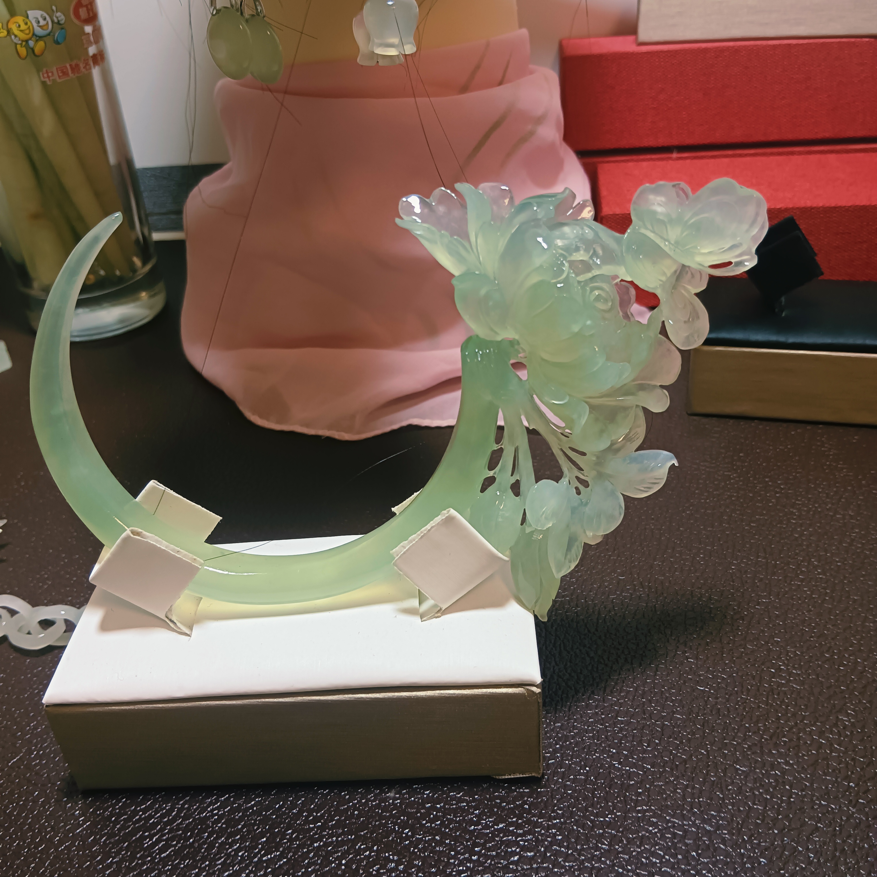 高品质岫玉玄月发簪，牡丹花精雕细琢，古风发饰