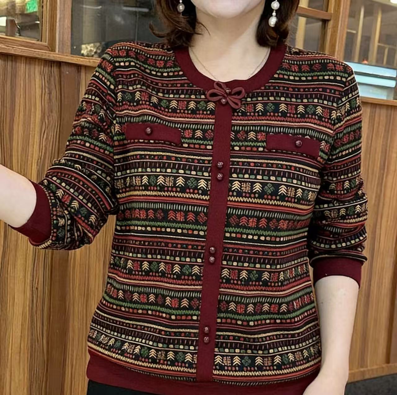 时尚妈妈冬装新款印花加绒加厚打底衫中年女洋气宽松显瘦保暖上衣