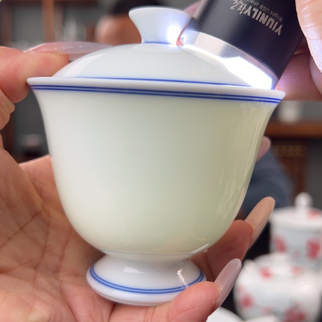 柴窑素胎双圈高脚盖碗