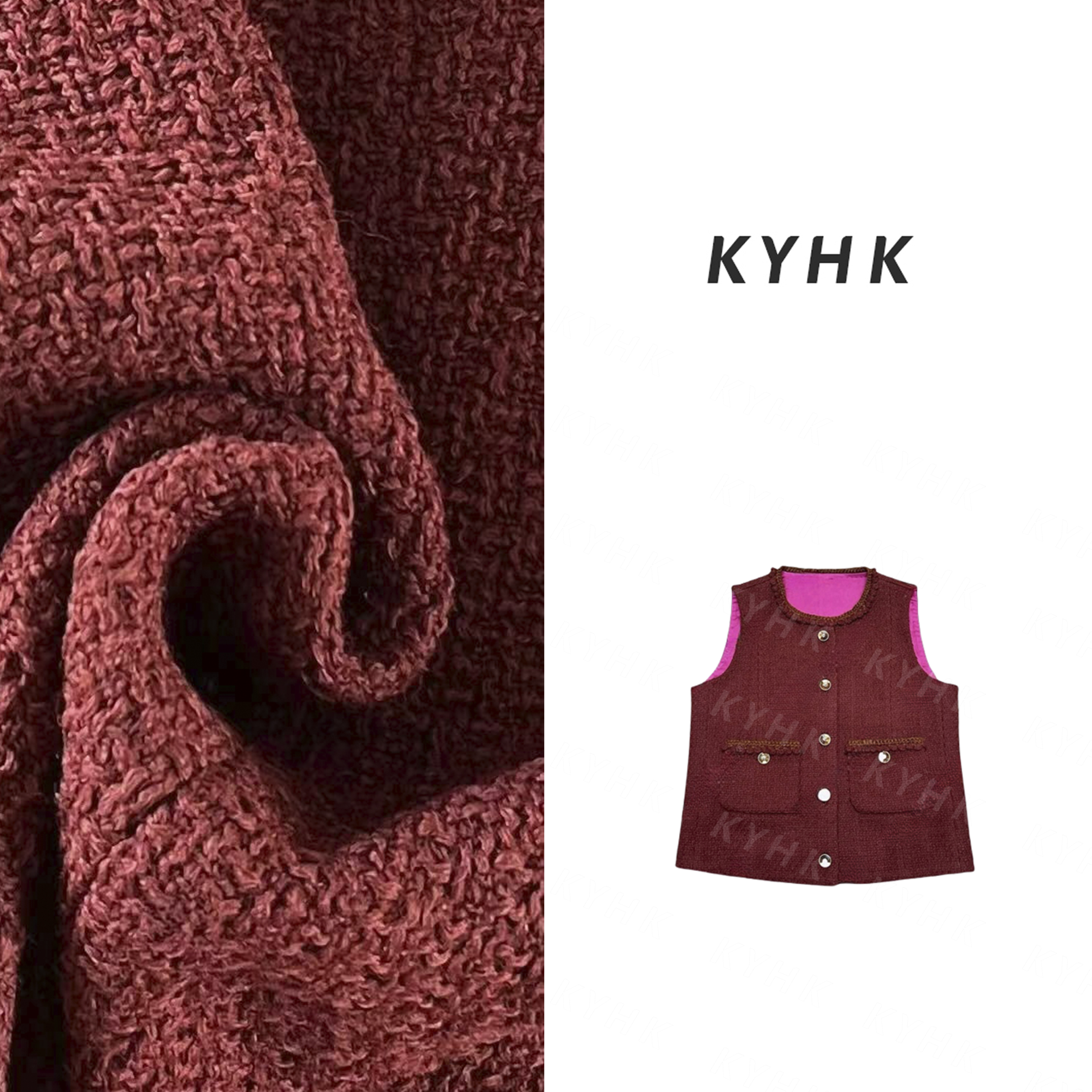 KYHK复古圆领混纺粗花呢马甲241231