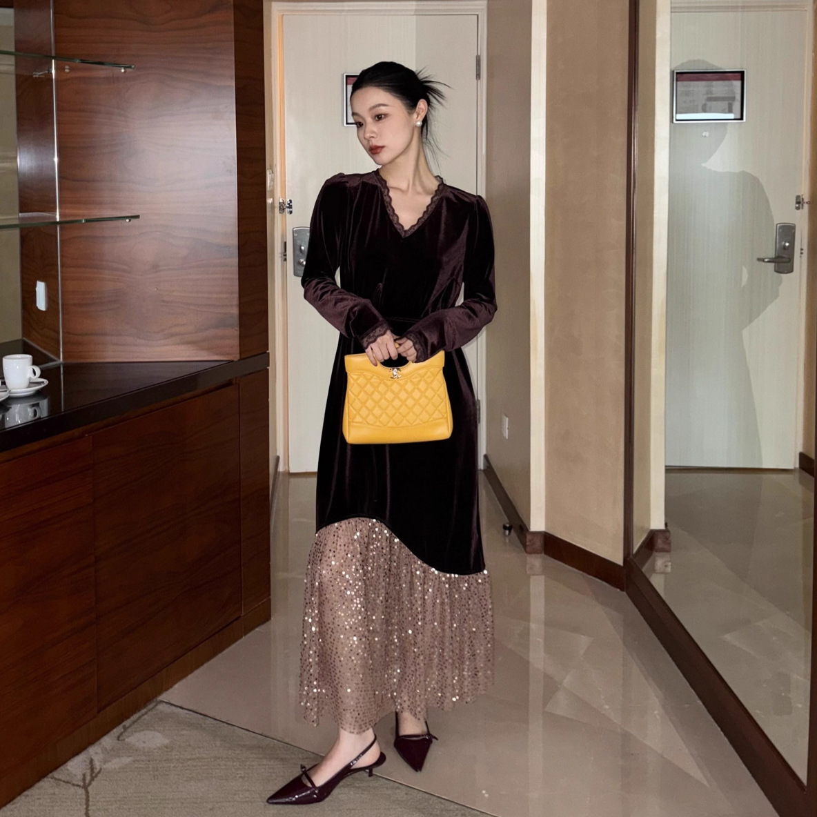 【诠释】NEWOPEN25冬法式优雅气质重工亮片晚礼服丝绒连衣裙F6873