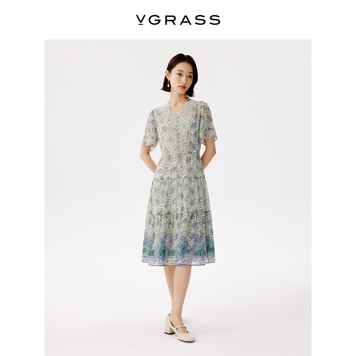 VGRASS水溶镂空蕾丝连衣裙25年夏季新款大定位印花裙子VSL2Q2312C