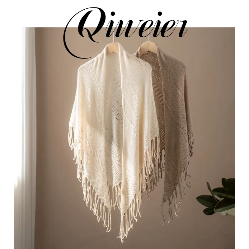 Qiweier/100%山羊绒披肩围巾女士薄款镂空流苏针织外搭