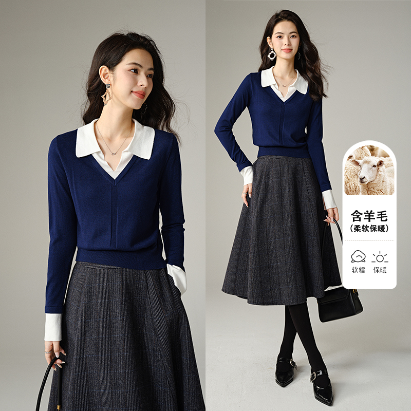 晚白【新品】2025含上衣假两件翻领软糯针织衫女25062883