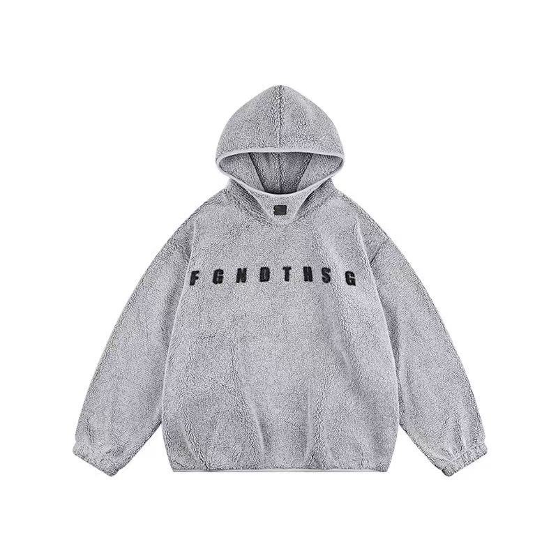 美式复古字母连帽羊羔绒卫衣男冬季新款保暖加厚宽松套头外套-351