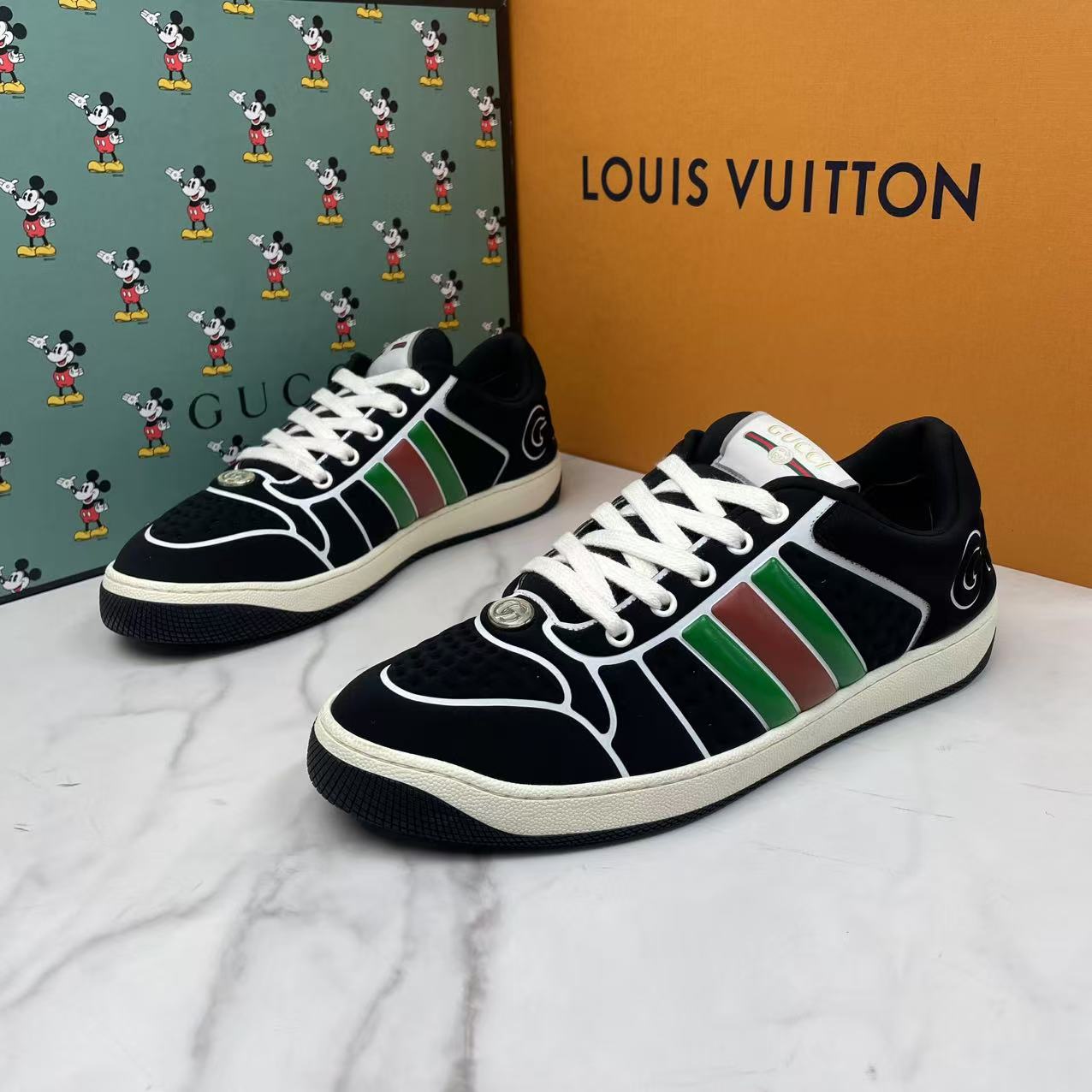 99新 GUCCI/古驰 黑色帆布侧边红绿系带休闲潮流百搭脏脏鞋/41码