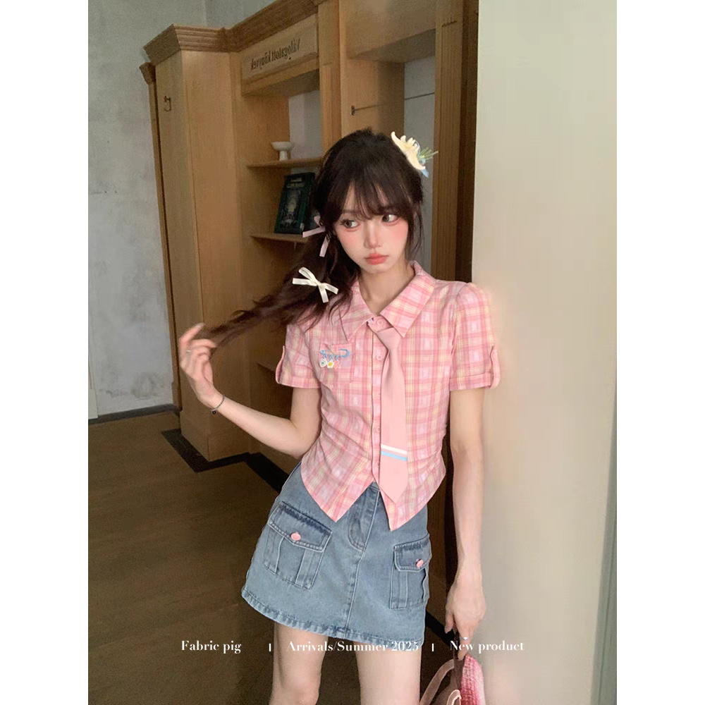 【桃汽少女】甜美学院风粉色格子衬衫女夏季修身显瘦套装