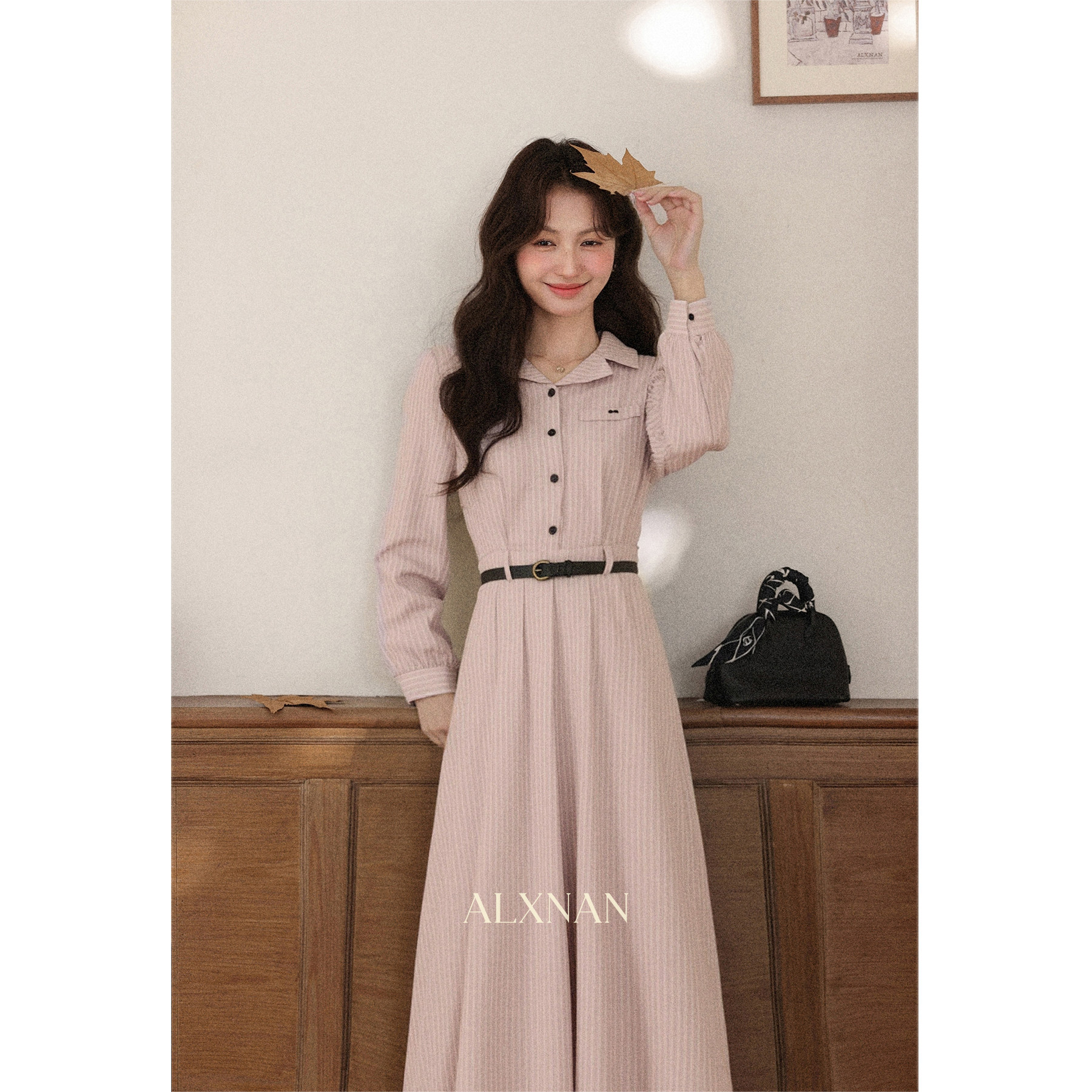 清清【粉黛】2025年秋季新款粉色长袖衬衫连衣裙显瘦长裙QJD00634