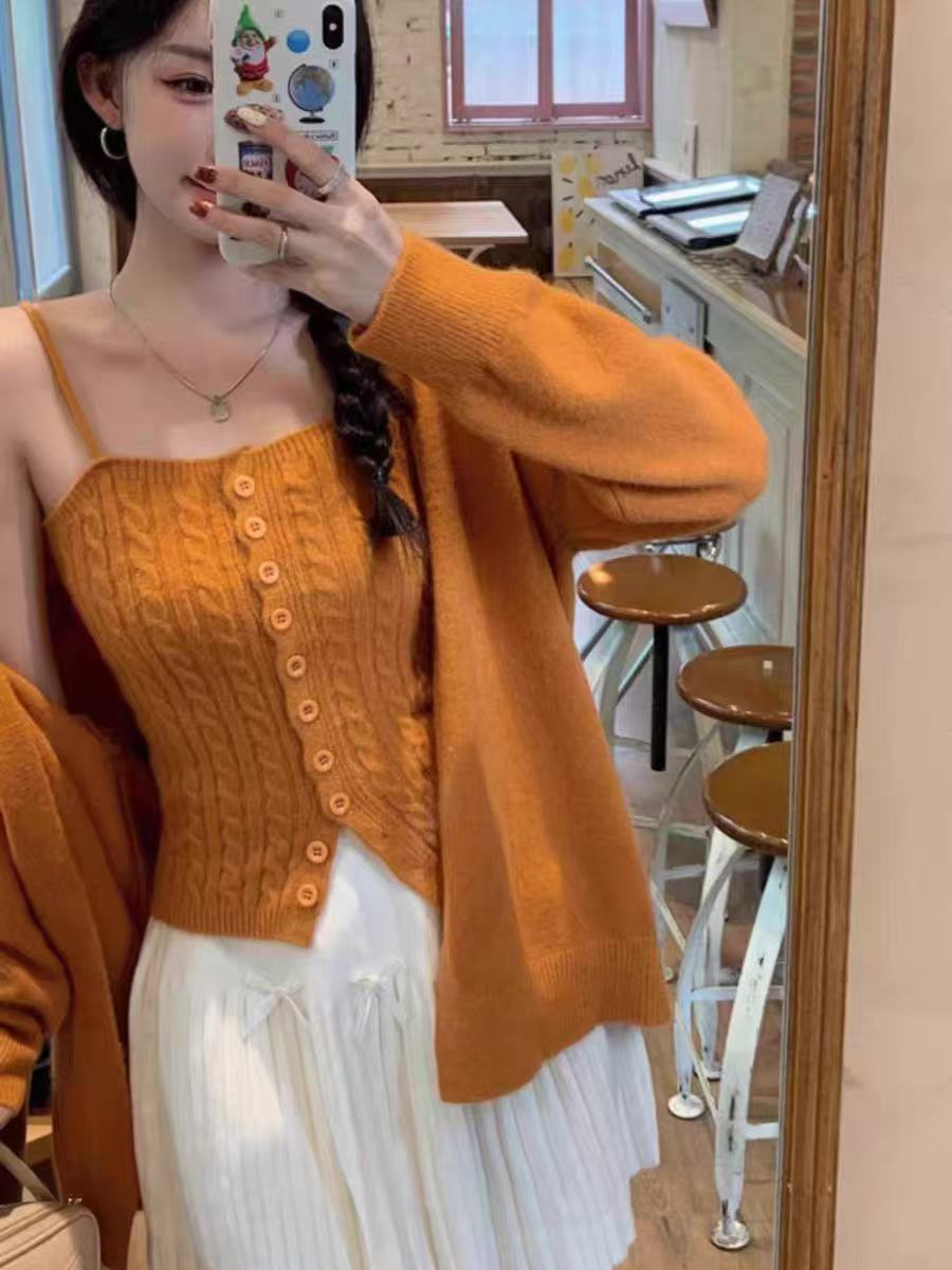 秋季韩系慵懒风麻花针织两件套装背心+v领宽松简约纯色开衫外套女