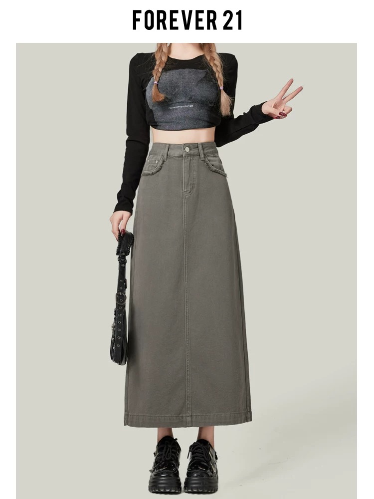 春夏新款军绿色高腰牛仔半身裙女小个子后开叉a字显瘦包臀中长裙