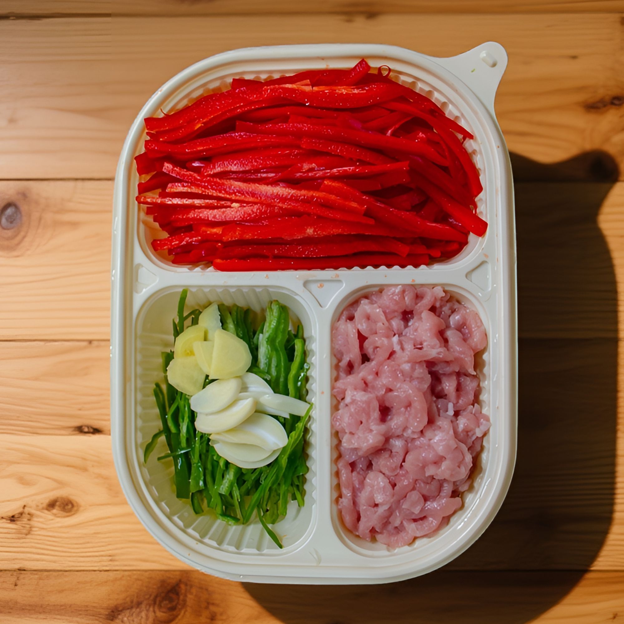 红椒肉丝（鲜里脊肉丝130g-260g，配了红椒丝、青椒丝、姜蒜片)