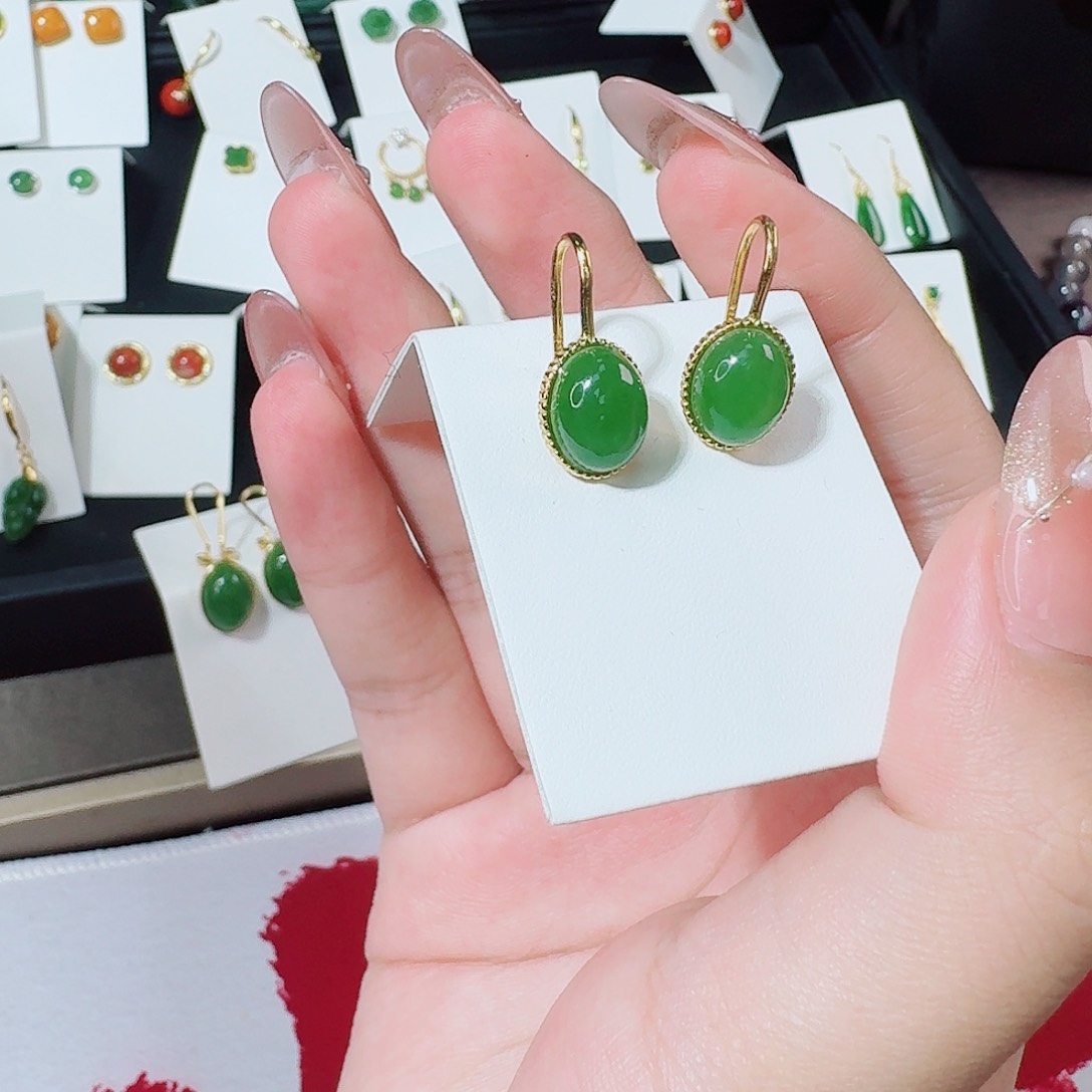 和田玉银S925镶嵌耳饰蛋面新款耳钩