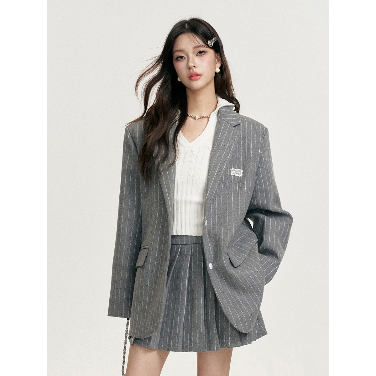 16DEWS 格雷系学院风平驳领条纹西装外套A字百褶半身裙两件套