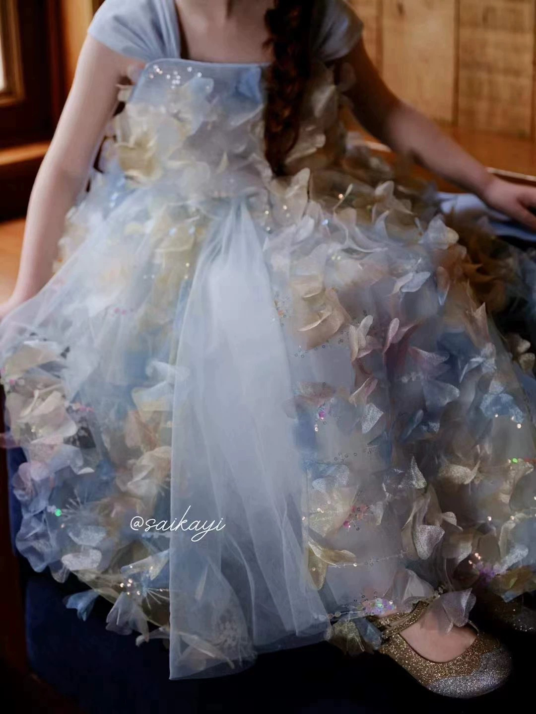 saikayi女童蓝色立体蝴蝶结高定粉色蓬蓬公主裙走秀钢琴连衣裙