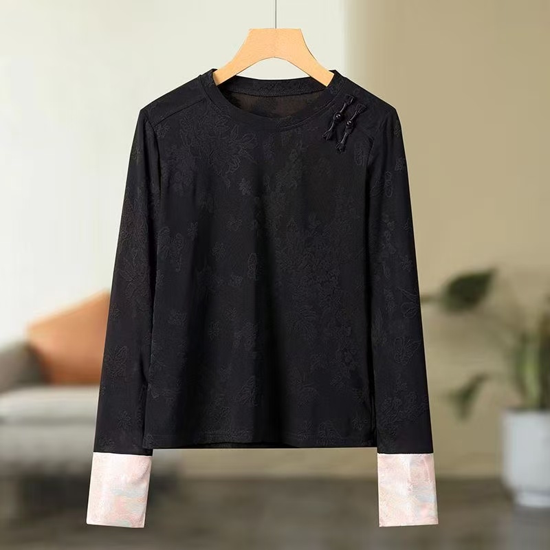 （百搭打底）新中式国风复古盘扣提花拼接时尚气质百搭休闲打底衫