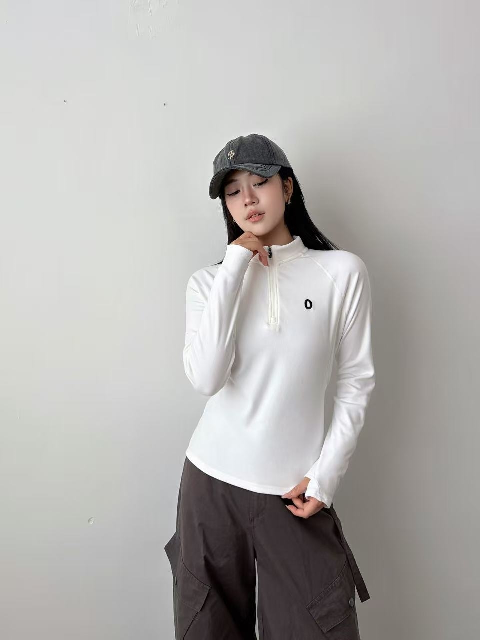 女士秋冬修身显瘦半拉链双面绒插肩袖立领打底衫