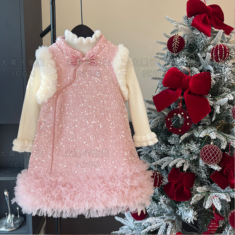 大栗子女童粉色亮片连衣裙秋冬夹棉网纱拼接公主风中式礼服裙