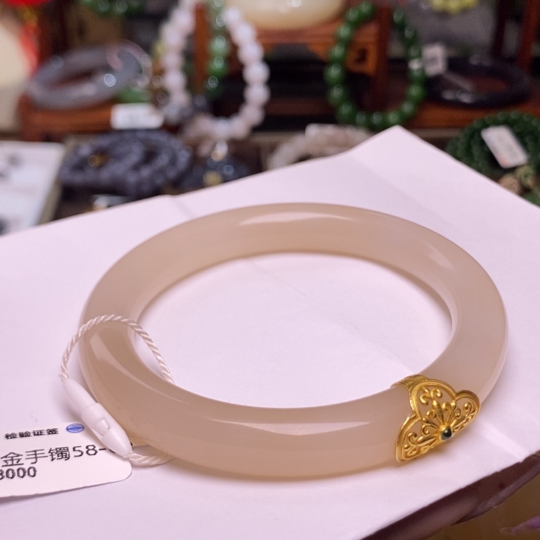 和田玉藕粉老矿料收藏手镯58未镶嵌