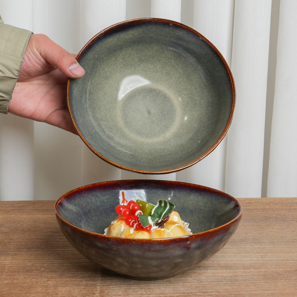 【正品】菜碗釉下彩陶瓷碗窑变复古黄绿水波纹日式复古家用菜碗C4B