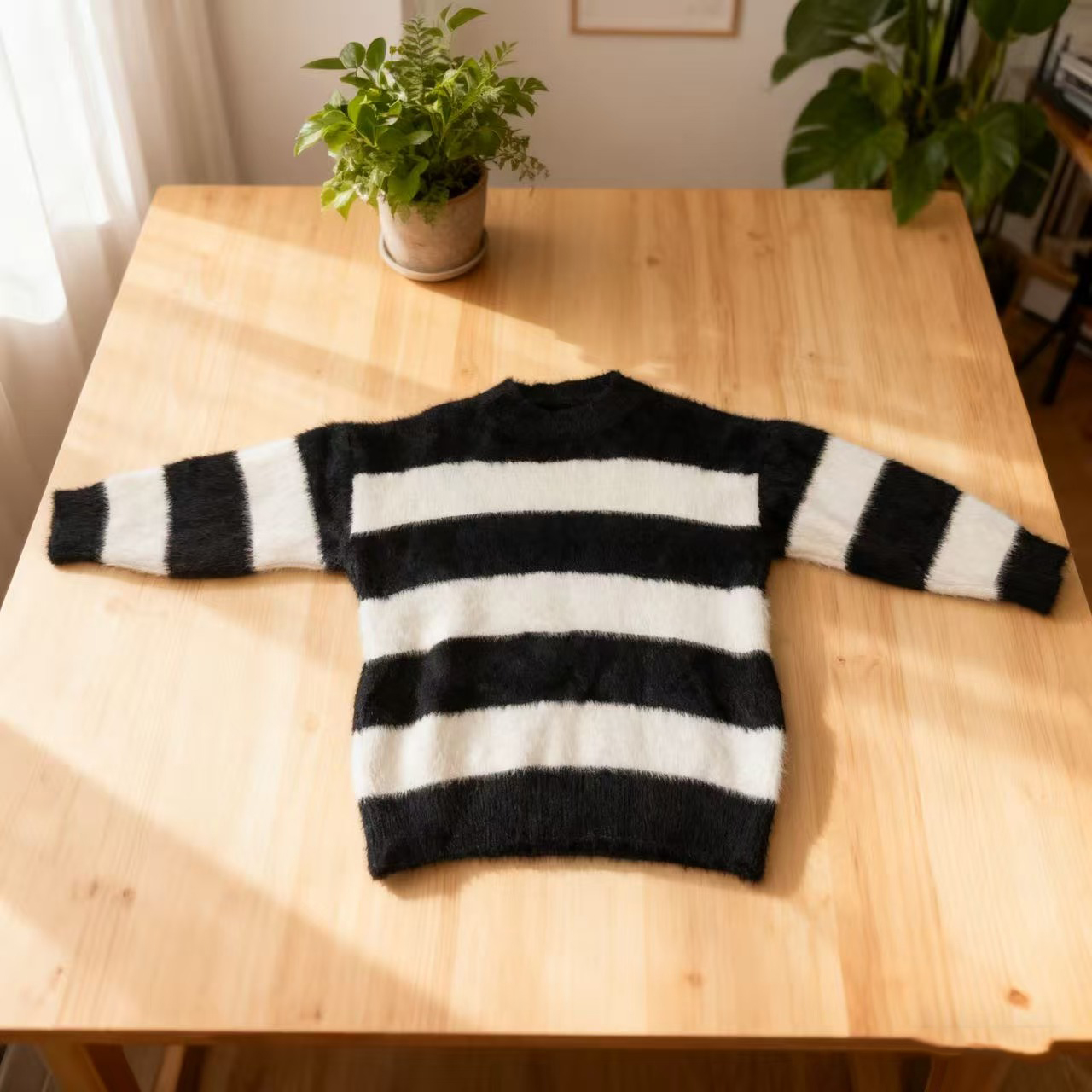 软糯黑白条纹仿水貂绒毛衣 宽松慵懒风秋冬保暖针织衫