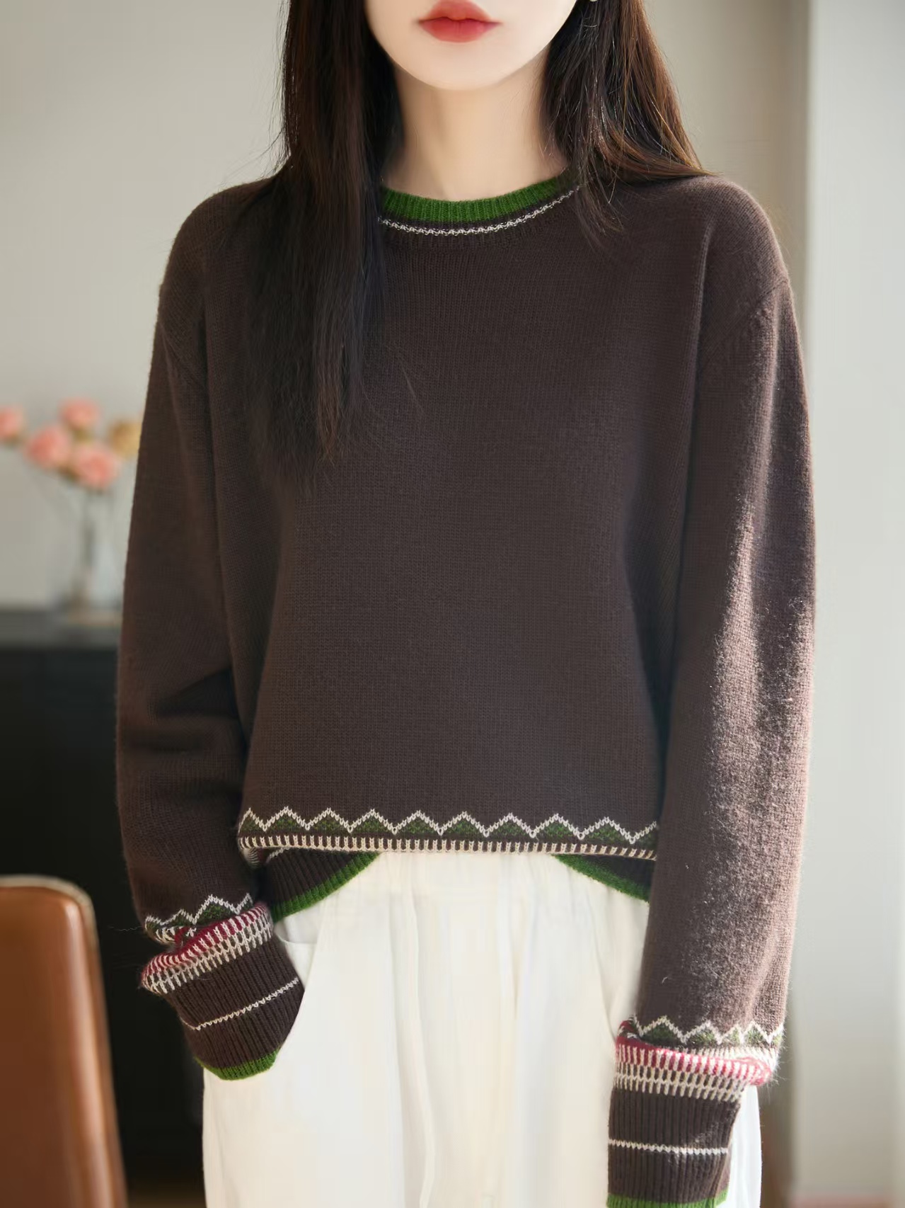 时尚秋冬100羊毛针织衫宽松法式极简打底衫长袖圆领njr-2154