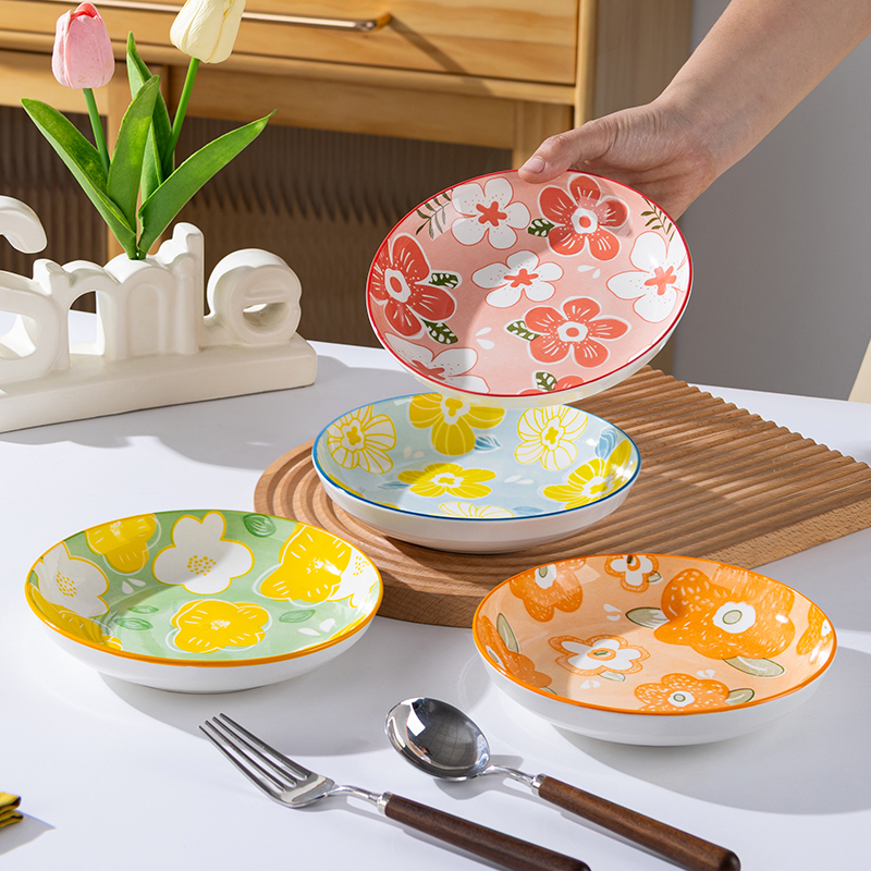 花漾年华6.5英寸盘子4只装休闲风日式北欧风高温釉下彩陶瓷新款