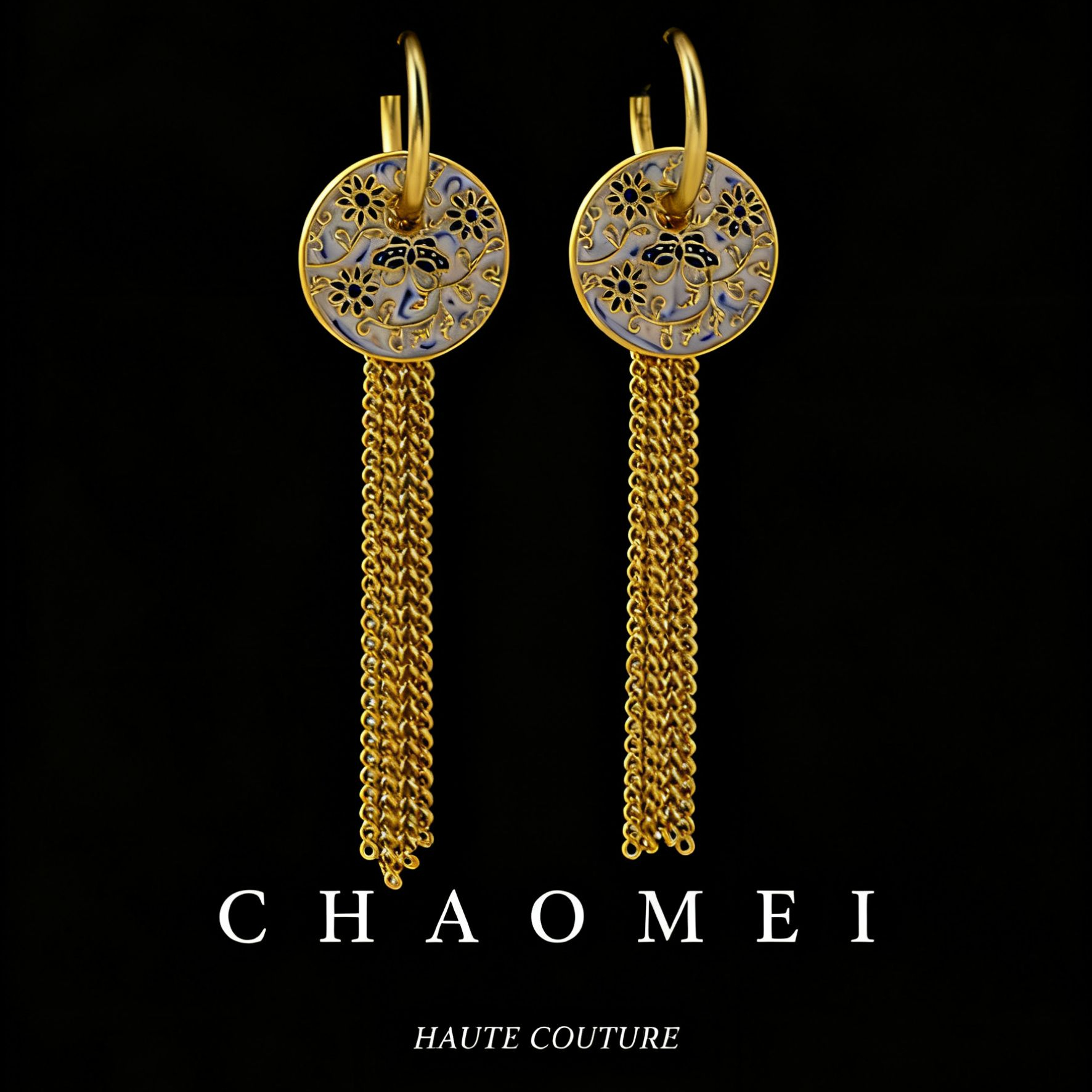 铜合金陶瓷耳饰 GC原创国潮新中式流苏耳环长款超复古蝴蝶耳钉高