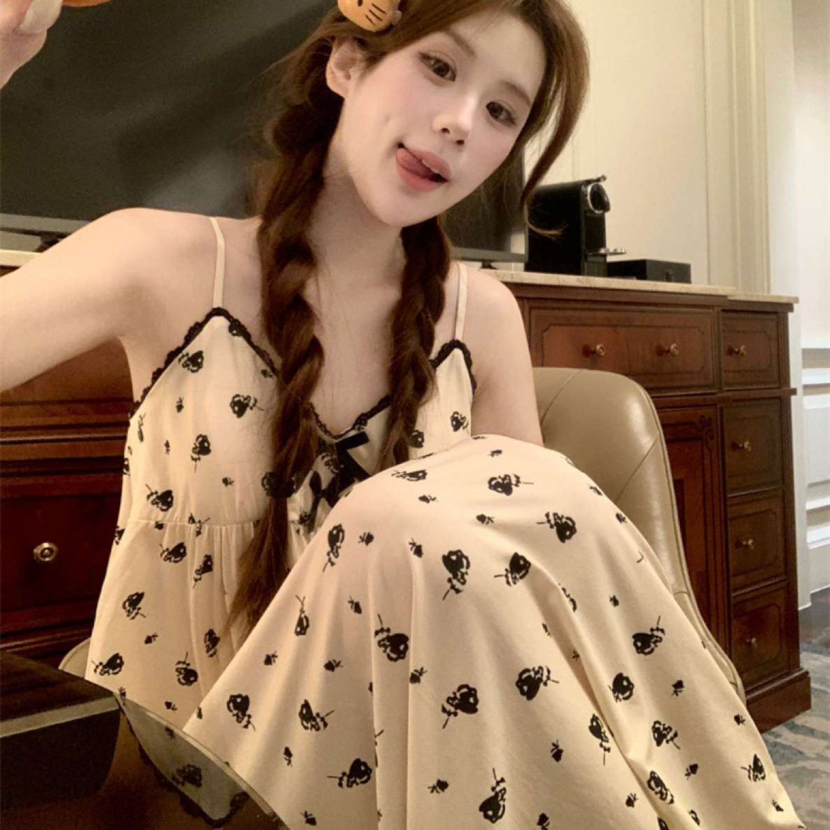 夏季吊带胸垫碎花连衣裙甜美纯欲风少女家居睡裙ins宽松大码