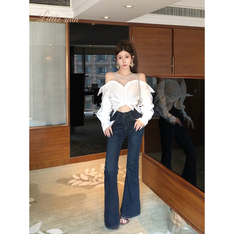 小雨姐姐【仙蓝长裤】时尚设计感深蓝修身牛仔显瘦显长微喇休闲裤女