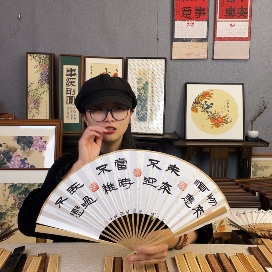 国画8寸玉竹-纯手绘-文玩扇骨（默认粘好）