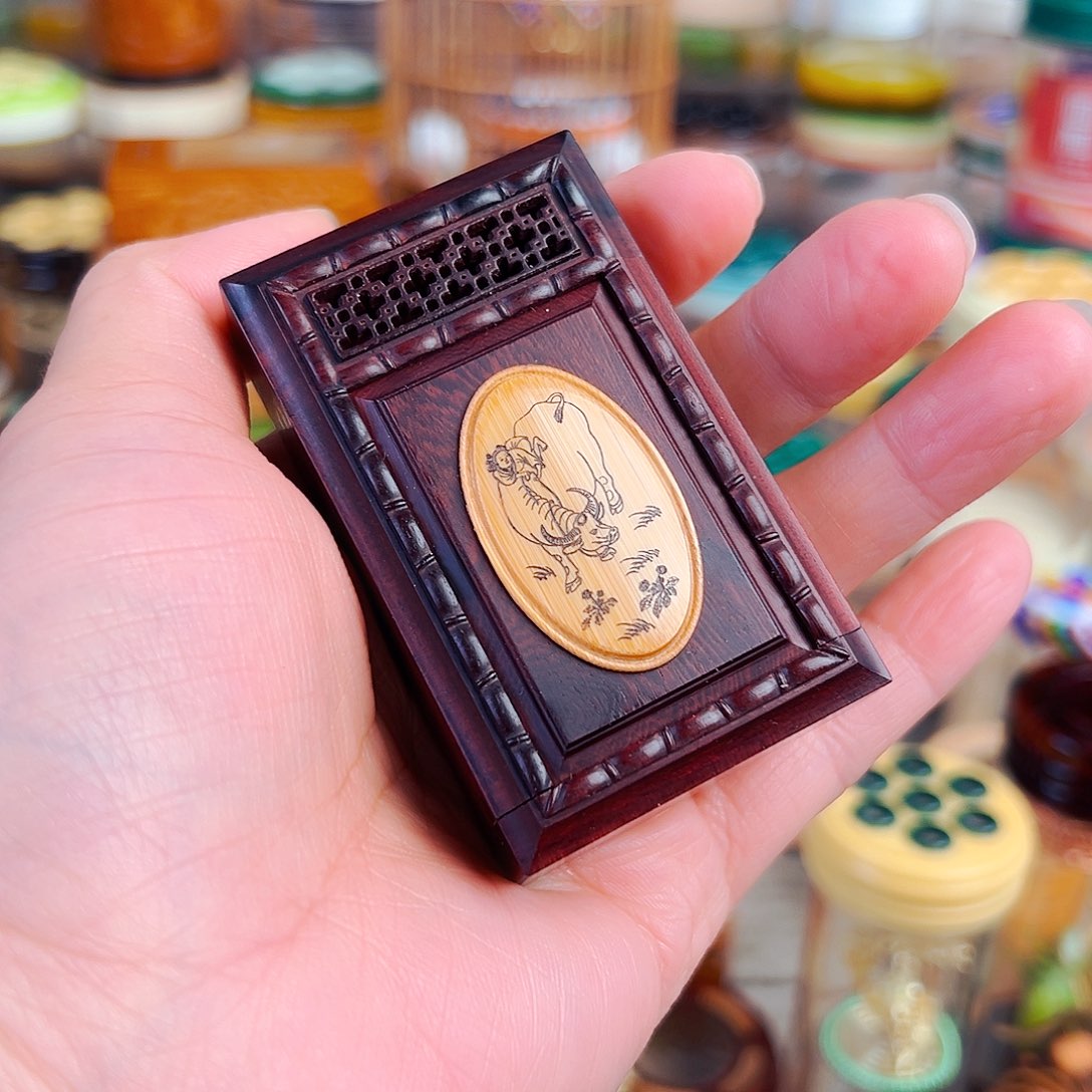 木科檀镶嵌牧童图案竹蛉盒➕青竹