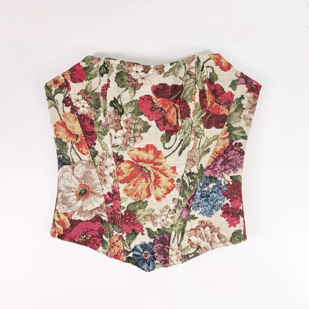 大胸显小平口抹胸法式提花鱼骨胸衣收副乳掐腰山茶花油画礼服上衣