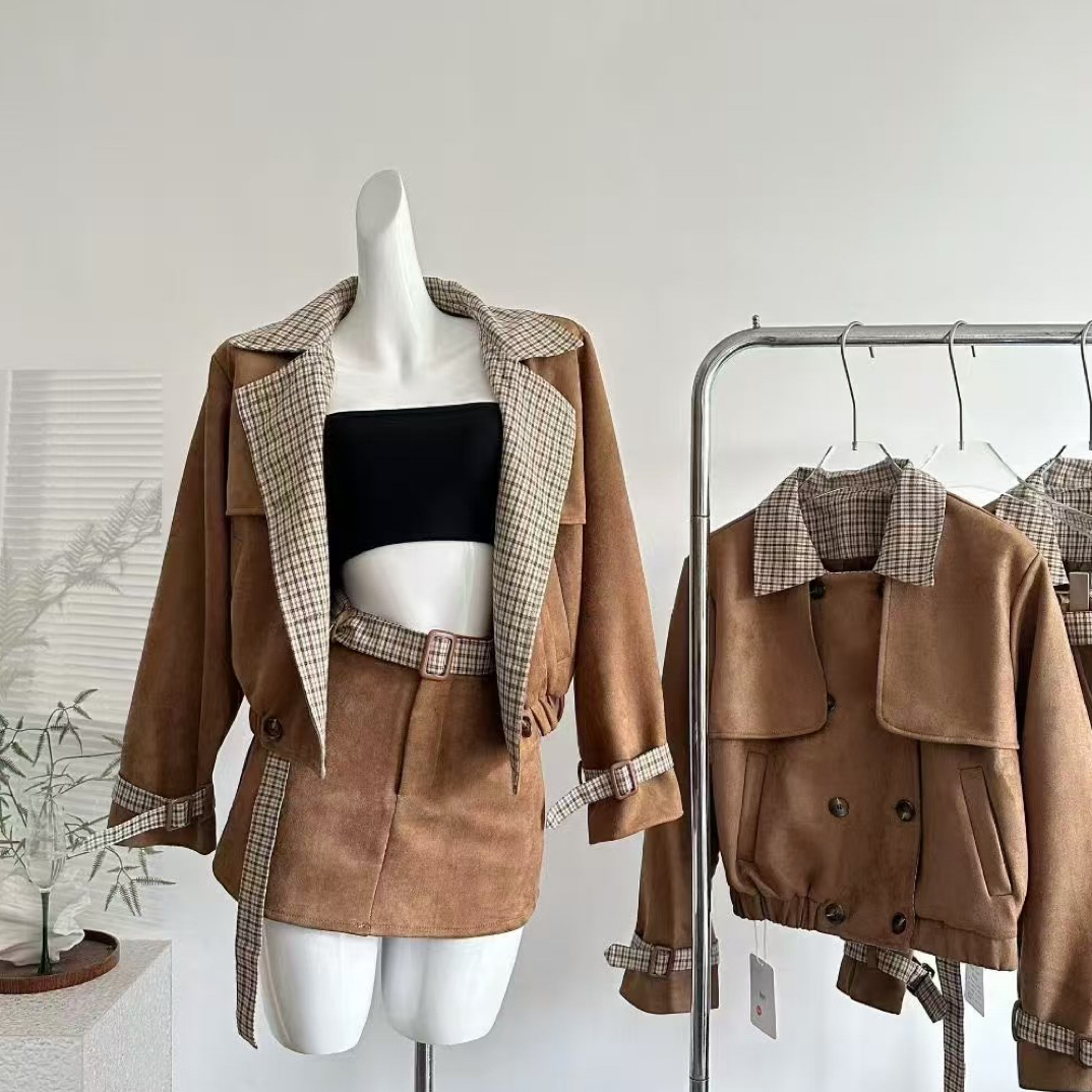 咖色女装拼接复古港风时尚短款慵懒风优雅风时尚套装