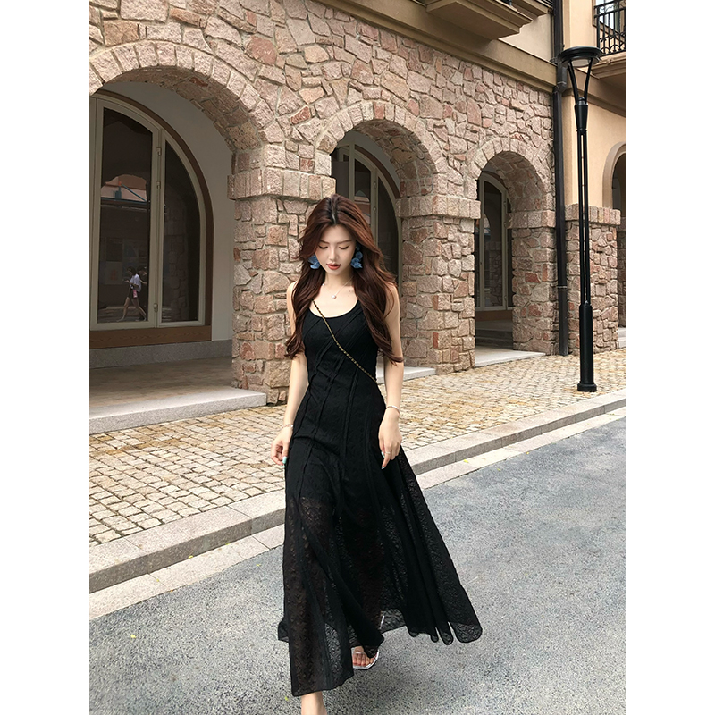 【现货人鱼公主】甜辣多多U领无袖网纱连衣裙女夏蕾丝裙气质A字长裙