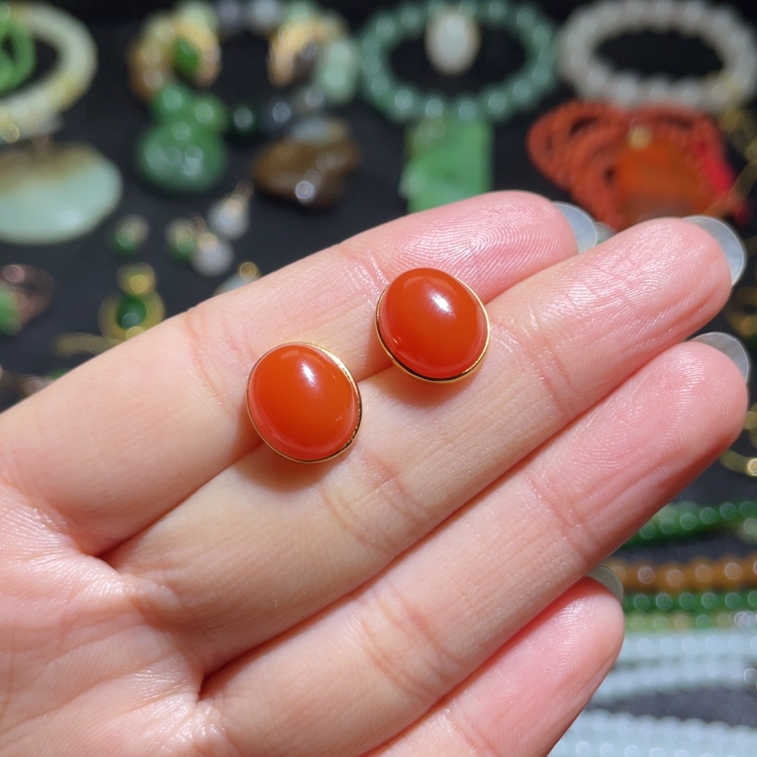 南红玛瑙满色满肉樱桃红耳钉银S925镶嵌