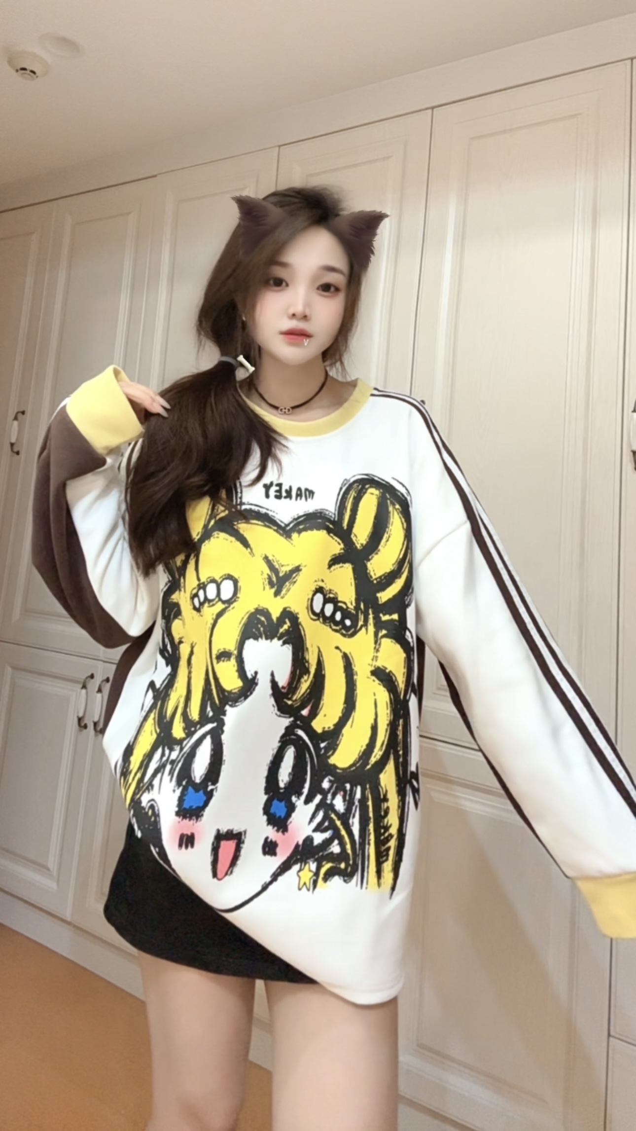 [967990不加绒卫衣]美少女拉三杠撞色圆领甜美减龄卡通宽松休闲