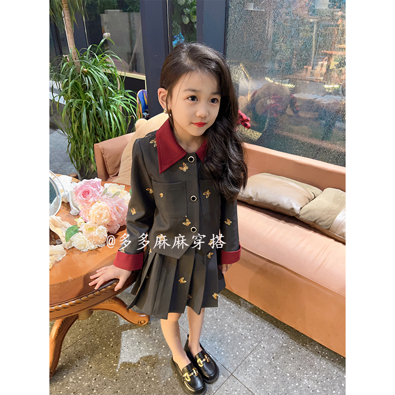 女童春秋季重工刺绣学院风长袖上衣+百褶裙套装23781#