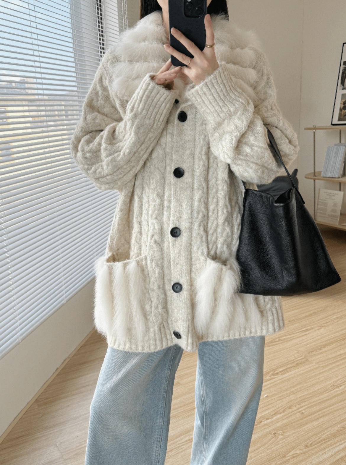 海宁声青2025秋冬韩系宽松中长款狐狸毛开衫外套女