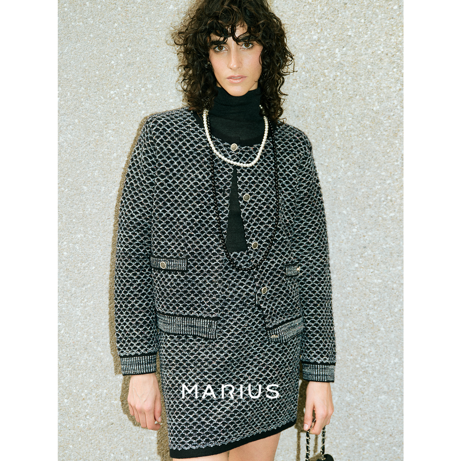 MARIUS |“鳞鳞套”重工立体彩点小香风针织开衫直筒半裙