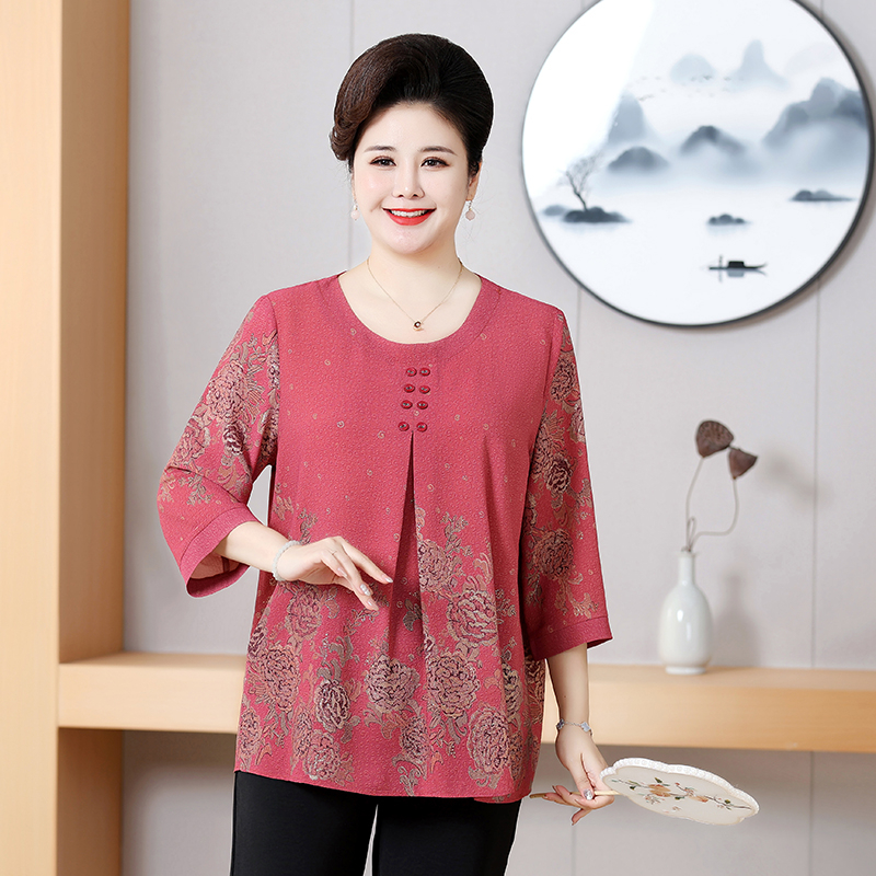 胖妈妈夏装小衫母亲衣服上衣宽松老年人T恤加肥特大码老太太奶奶