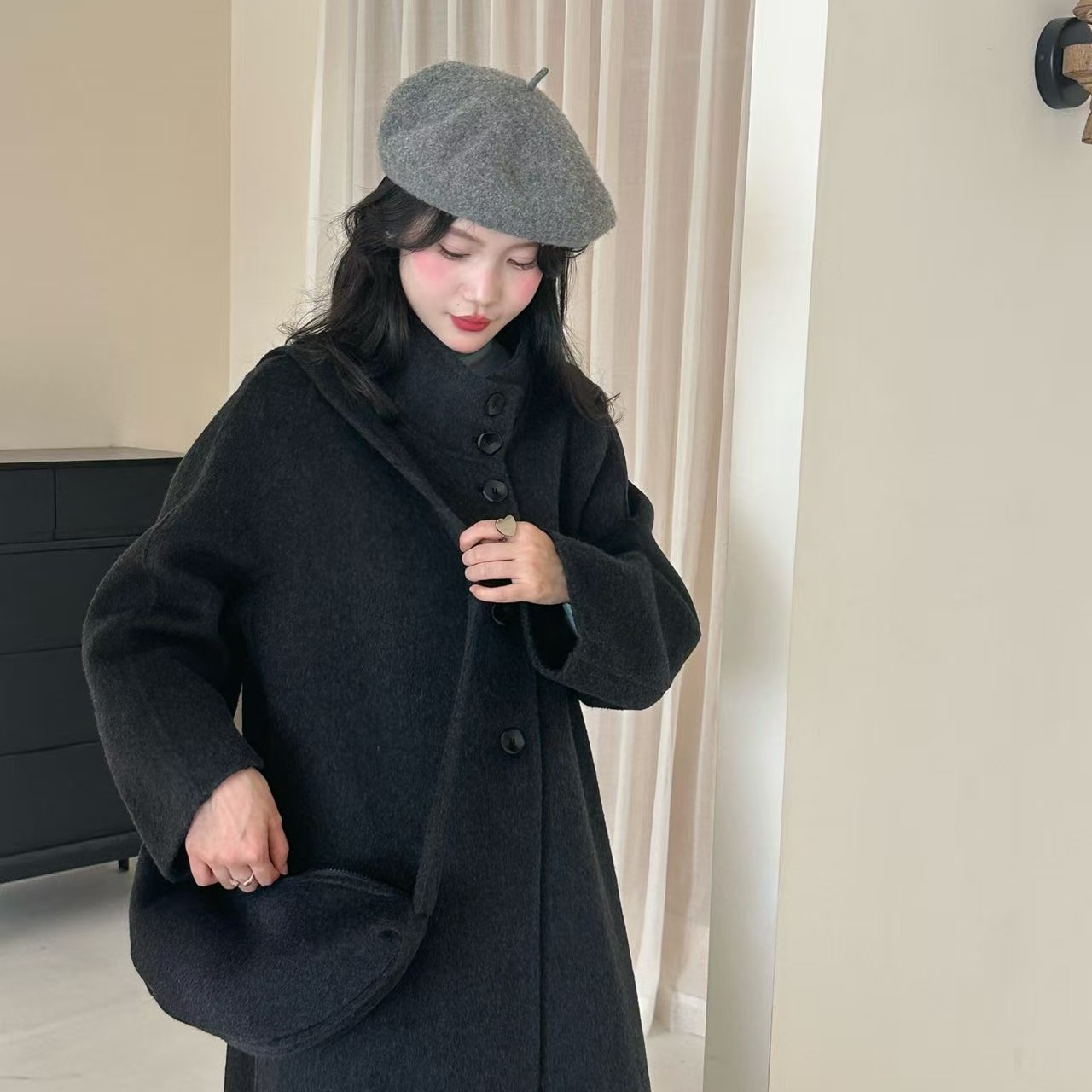 韩系立领拉链月亮包宽松双面羊毛长款气质百搭秋冬大衣