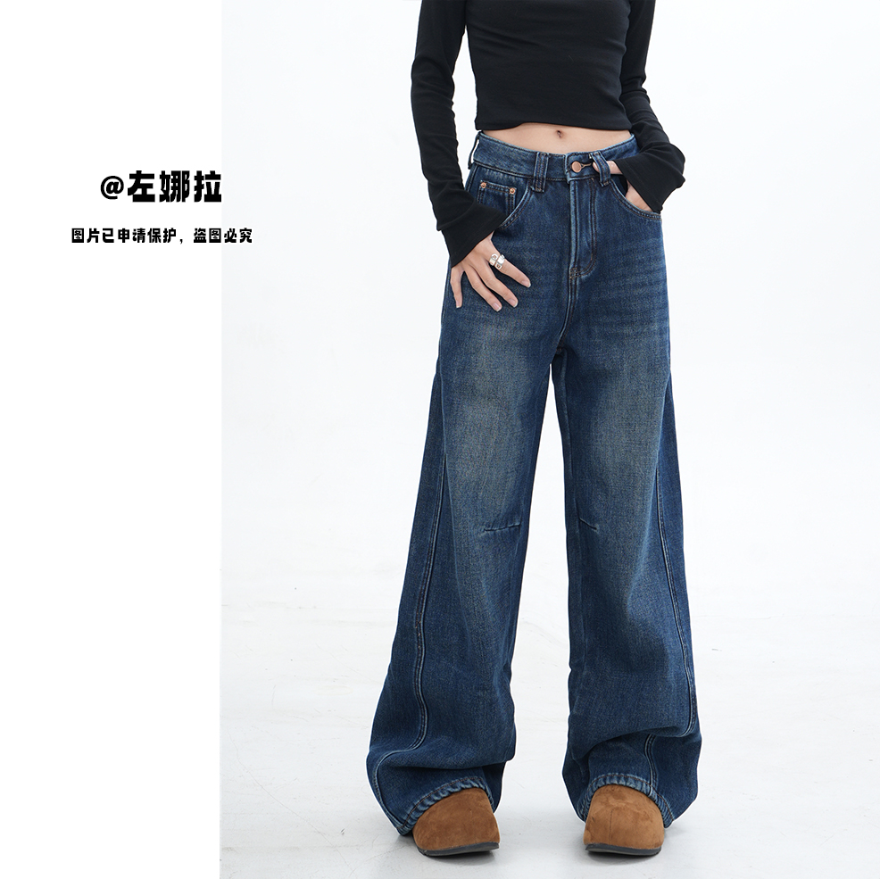 冬季新款加绒宽松中高腰显瘦牛仔裤-宽松阔腿裤