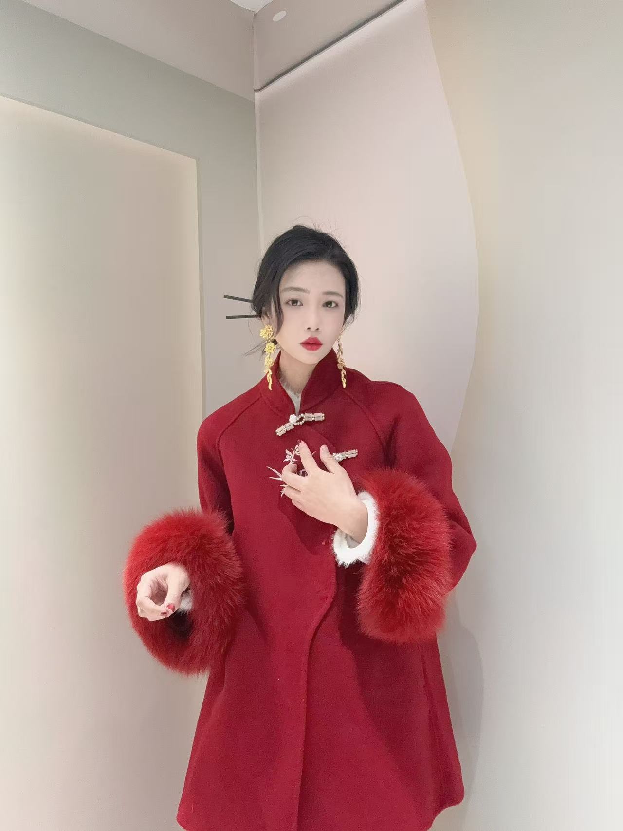 九月  梦华录  新款秋款新中式羊毛中式重工重长款狐狸毛外套