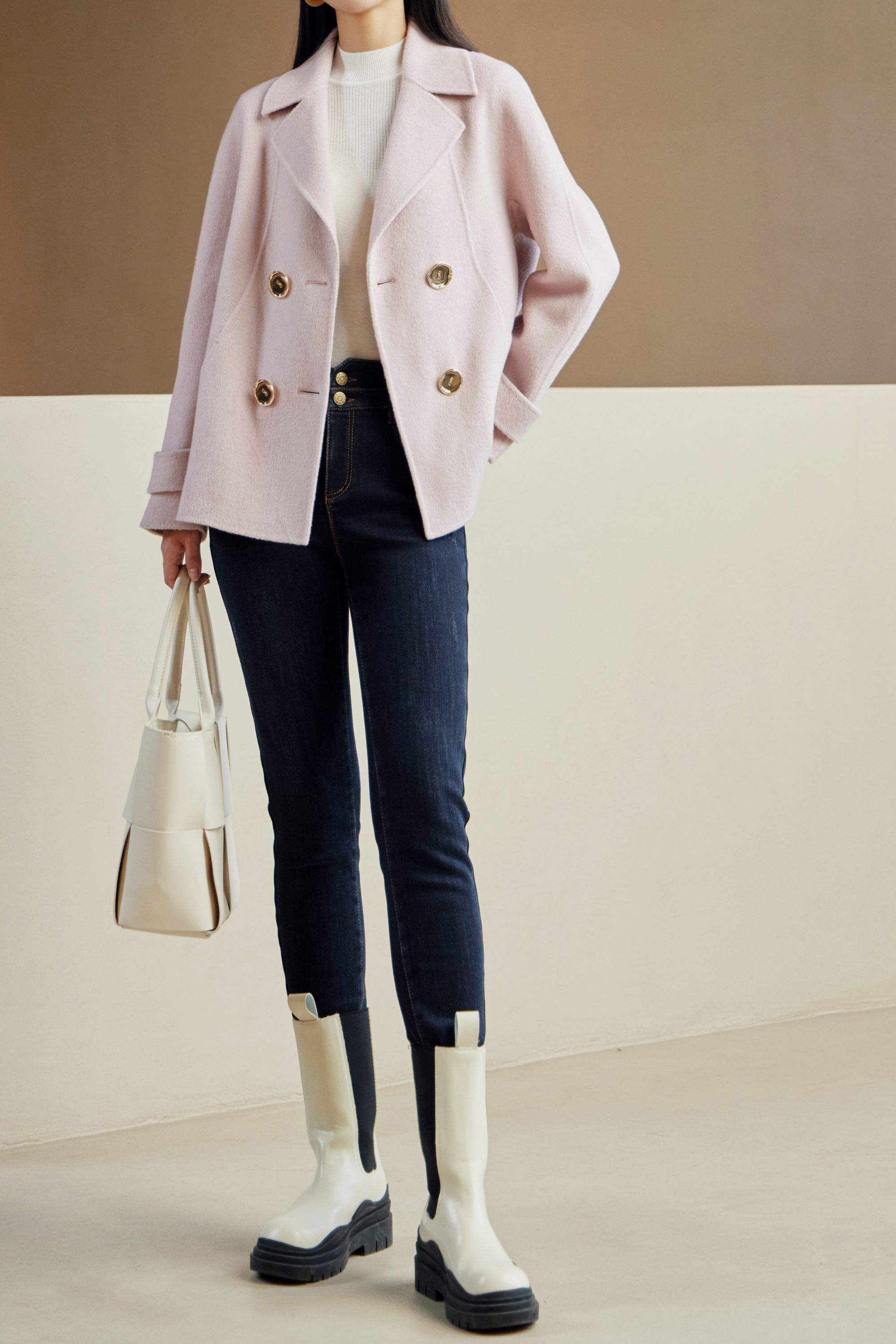 秋冬厚款女双排扣冬季时尚双面呢外套SA341341